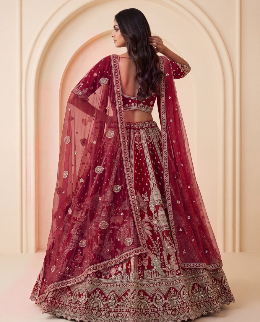 3074 - Maroon Bridal Cutdana-Work Embroidered Ethinc Motif Semi-Stitched Lehenga Choli